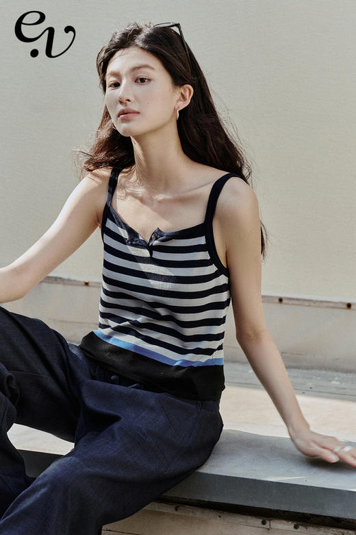 【现货】Even Vintage| 夏日活力 休闲简约条纹拼色慵懒感一字领吊带背心 商品图0
