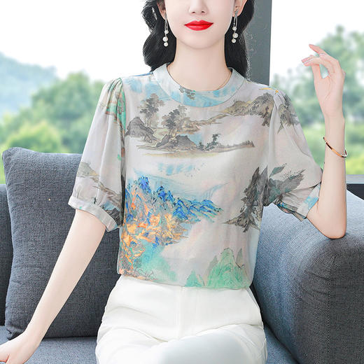 SMZ18516国风印花小衫女士夏季2024新款中老年妈妈宽松遮肚子套头休闲上衣 商品图0