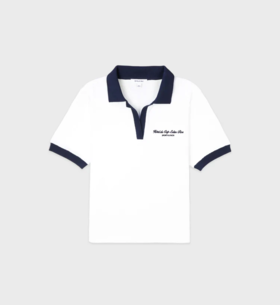 Sporty & Rich - Hotel du Cap Cursive Terry Polo - White/Navy - 女装 - Polo衫 - 白色/深蓝色