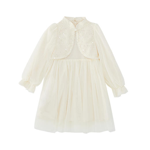 笛莎Deesha 连衣裙2024秋季新款中童淡雅米色亮片网纱新中式裙 商品图4