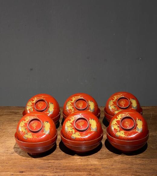 朱红大漆金绘盖碗六件套组，顺丰包邮 商品图0