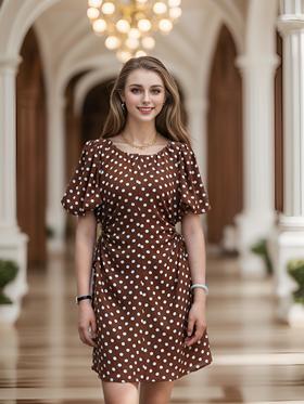 大U领两侧镂空系带短款连衣裙