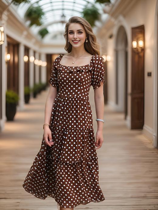 复古方领多层断摆泡泡袖连衣裙 商品图0