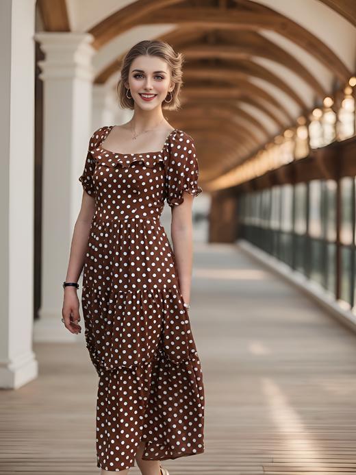 复古方领多层断摆泡泡袖连衣裙 商品图2