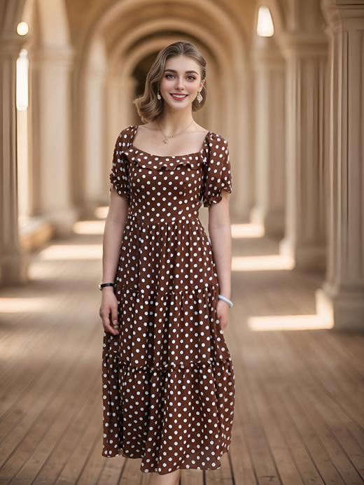 复古方领多层断摆泡泡袖连衣裙 商品图1