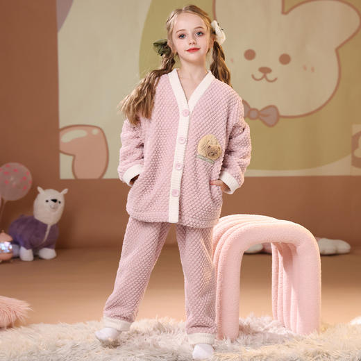 芬腾女童睡衣珊瑚绒秋冬季套装加绒加厚保暖女孩中大童儿童家居服 商品图4