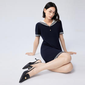 【严选】伊芙丽莫代尔棉海军领撞色领针织连衣裙女秋装新款miu风精致裙子1F7992721