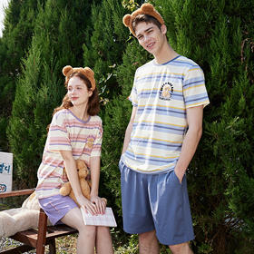 芬腾情侣睡衣女士夏季纯棉短袖圆领套装男宽松休闲大码全棉家居服