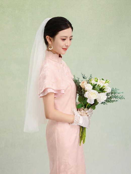 荷言HEYEN 合欢 粉色织金正绢牡丹花纹提花真丝新娘旗袍 商品图0