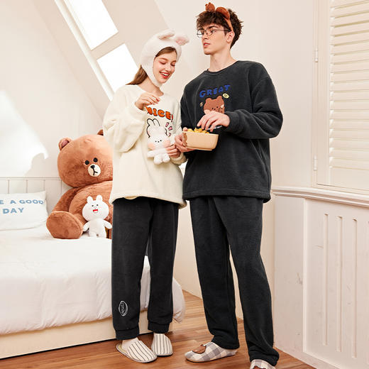 芬腾布朗熊珊瑚绒睡衣秋冬情侣套装女士法兰绒男款休闲大码家居服 商品图4