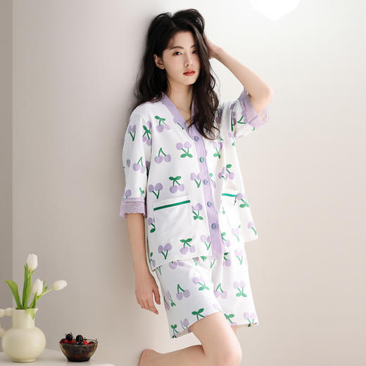 芬腾夏季100%纯棉薄款V领开衫短袖短裤套装 A-4537 商品图0