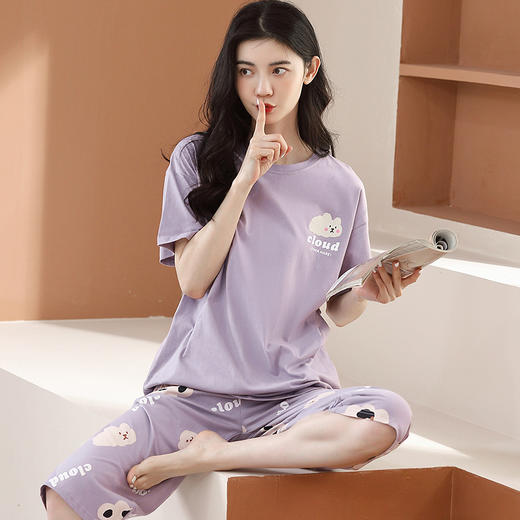 芬腾夏季100%纯棉薄款短袖五分裤圆领家居服套装 A-4538 商品图3