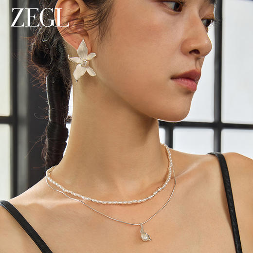 ZEGL设计师东方花影系列人造珍珠花朵耳钉女独特耳环银针气质耳饰 商品图2