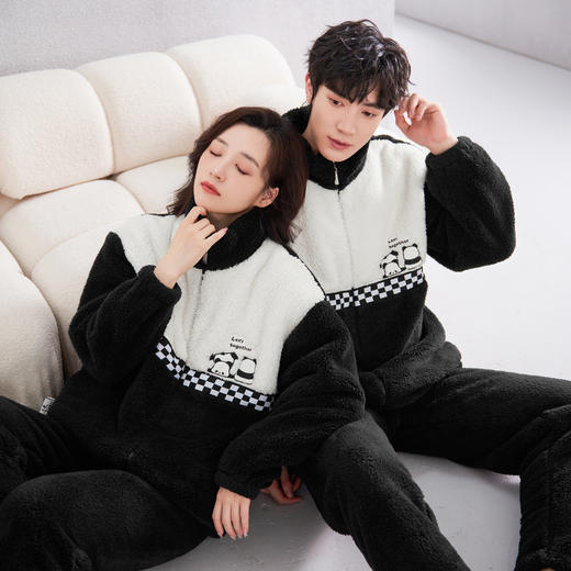 芬腾情侣熊猫睡衣冬季加厚加绒珊瑚绒女士法兰绒男秋冬家居服套装 商品图1