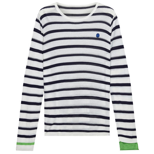 【笑脸衣橱】SELFWHO莱赛尔羊毛混纺撞色条纹针织长袖t恤女2024秋新款薄款上衣 商品图3