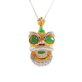 【天然正品】AU750收藏级白金镶钻镶天然糯冰种满绿蛋面翡翠醒狮造型吊坠项链010724XY17