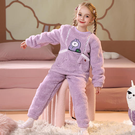 芬腾布朗熊女童睡衣秋冬珊瑚绒套装女孩儿童中大童加绒加厚家居服 商品图0