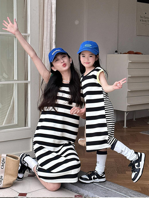 【YW】无忧购“一起玩亲子装”夏季撞色袖条纹T恤中长裙L24X51（截单后7天发货)25年清仓捡漏 商品图1