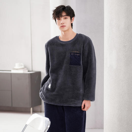 芬腾男士睡衣珊瑚绒秋冬季加绒加厚男款冬天保暖法兰绒家居服套装 商品图2