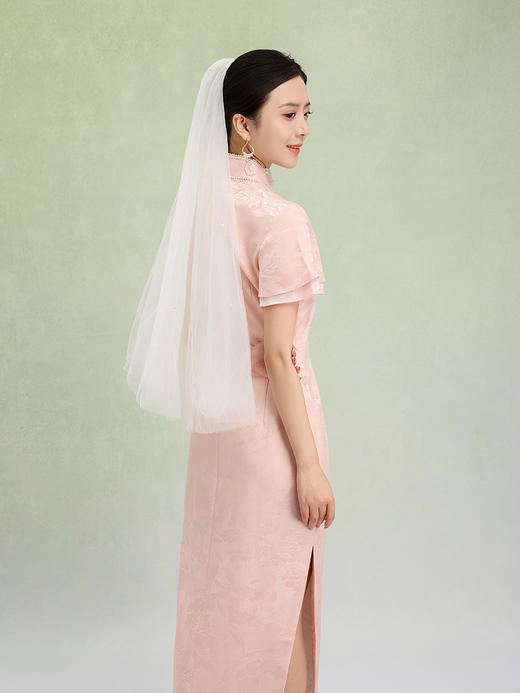 荷言HEYEN 合欢 粉色织金正绢牡丹花纹提花真丝新娘旗袍 商品图2