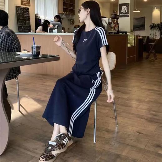 休闲运动套装女三条杠蝴蝶结短袖T恤夏季包臀半身长裙两件套6_ym 商品图6