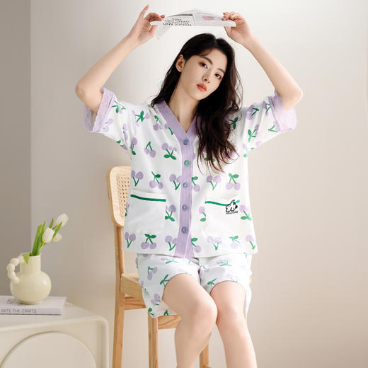 芬腾夏季100%纯棉薄款V领开衫短袖短裤套装 A-4537 商品图2