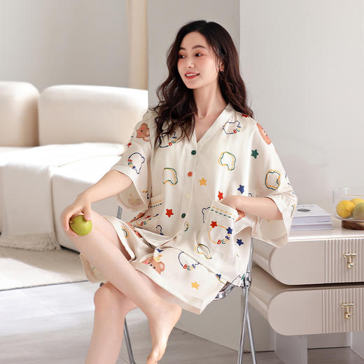 芬腾女士睡衣夏季冰丝短袖薄款套装带胸垫女款可爱休闲大码家居服 商品图2