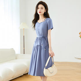 设计感花边拼结短袖裙，系带收腰中长裙QYM-TB-FD1681-Y