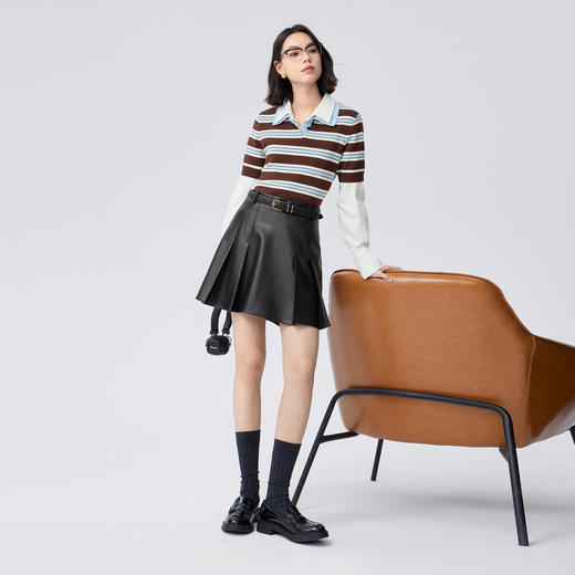 【严选】伊芙丽仿羊绒棉POLO领条纹撞色针织衫女2024秋装新款外穿上衣1F7930831 商品图2