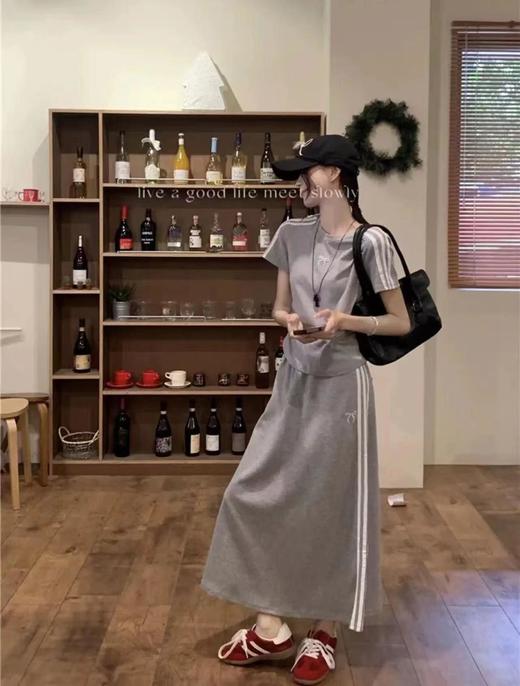 休闲运动套装女三条杠蝴蝶结短袖T恤夏季包臀半身长裙两件套6_ym 商品图4