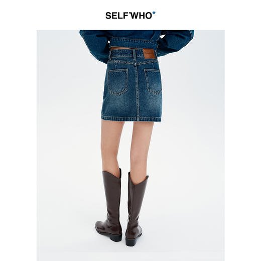 SELFWHO纯棉蓝色牛仔短裙秋女2024新款水洗做旧高腰包臀a字半身裙 商品图2