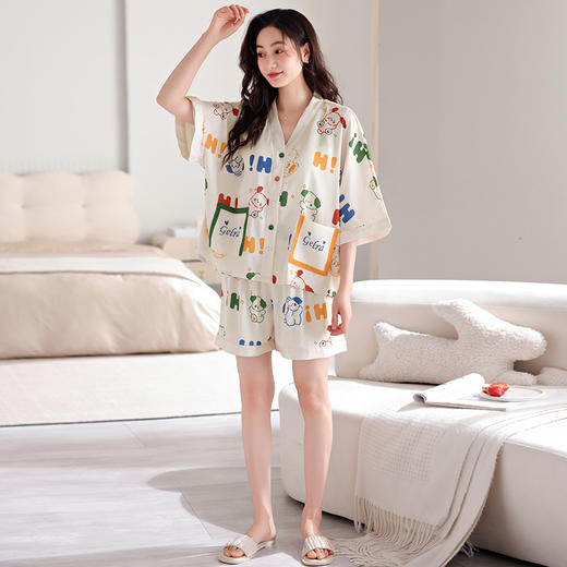 芬腾女士睡衣 · 夏季冰丝短袖V领带胸垫套装 薄款女款休闲大码家居服｜品牌直发 商品图4