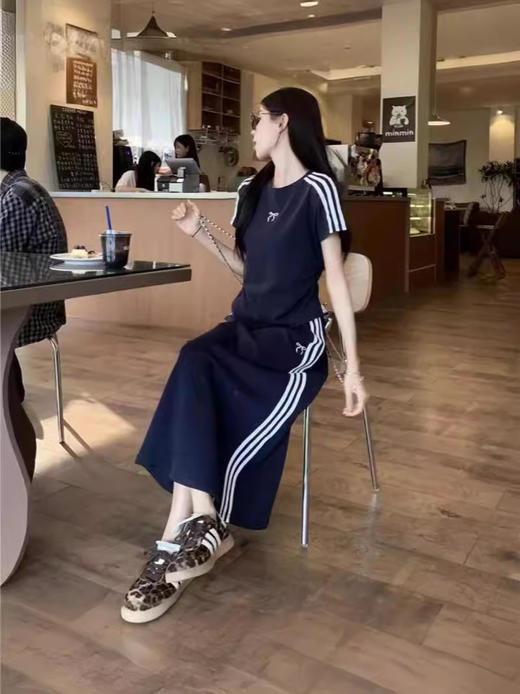 休闲运动套装女三条杠蝴蝶结短袖T恤夏季包臀半身长裙两件套6_ym 商品图3
