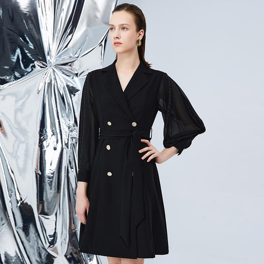 EITIE爱特爱秋季翻领双排扣时尚网纱拼接黑色风衣外套7504202 商品图1
