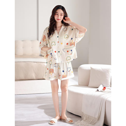芬腾女士睡衣夏季冰丝短袖薄款套装带胸垫女款可爱休闲大码家居服 商品图4