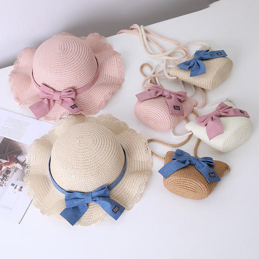【轻松搭配各种服饰，必备夏日单品】小清新波浪边儿童草帽 夏天女孩出游 2-7岁女孩帽子 百搭沙滩帽遮阳帽帽子包包套装-QQ 商品图3
