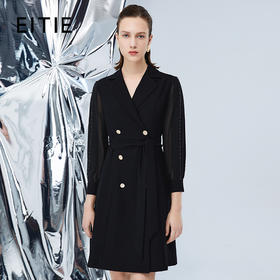 EITIE爱特爱秋季翻领双排扣时尚网纱拼接黑色风衣外套7504202