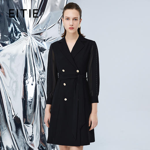 EITIE爱特爱秋季翻领双排扣时尚网纱拼接黑色风衣外套7504202 商品图0