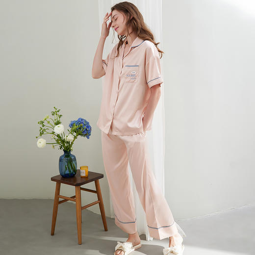 芬腾冰丝睡衣女夏季纯色短袖长裤仿真丝质高级凉感休闲家居服套装 商品图1