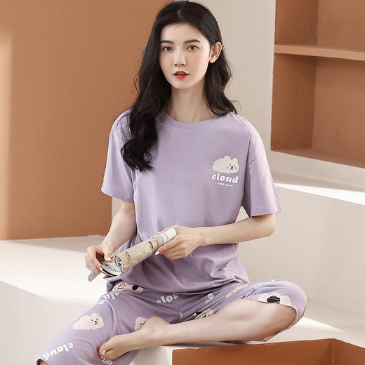 芬腾夏季100%纯棉薄款短袖五分裤圆领家居服套装 A-4538 商品图2