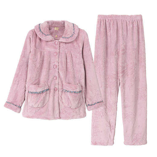 芬腾新款珊瑚绒睡衣女秋冬长袖大码加厚保暖法兰绒翻领家居服套装 商品图2