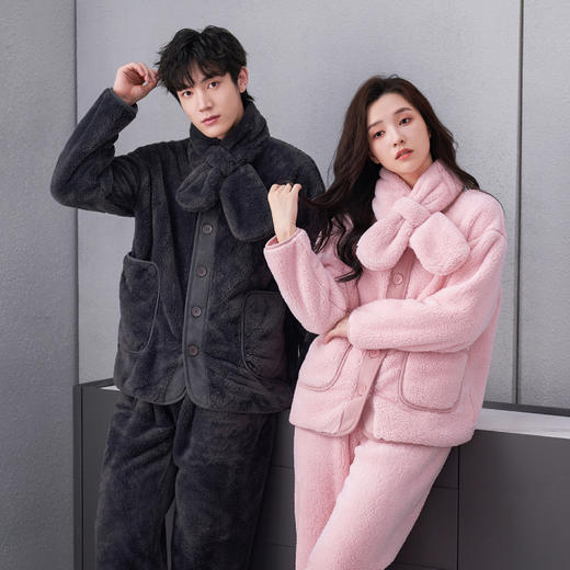 芬腾【送围巾】珊瑚绒睡衣女秋冬季加绒加厚保暖可外穿家居服套装 商品图3