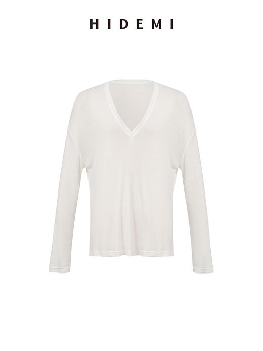 HIDEMI 极简V领大廓形轻柔皮肤衣系列宽松慵懒设计感可再生纤维面膜上衣长袖T恤 商品图10