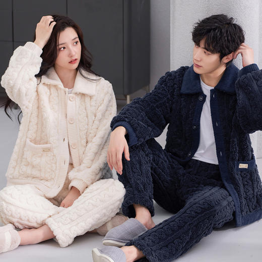 <有书独家>芬腾珊瑚绒睡衣冬秋冬情侣款超加厚加绒保暖套装冬天泡泡绒家居服 商品图2