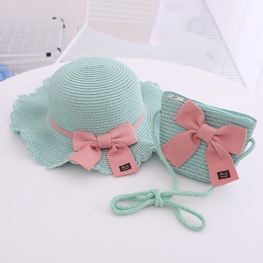 【轻松搭配各种服饰，必备夏日单品】小清新波浪边儿童草帽 夏天女孩出游 2-7岁女孩帽子 百搭沙滩帽遮阳帽帽子包包套装-QQ 商品图11