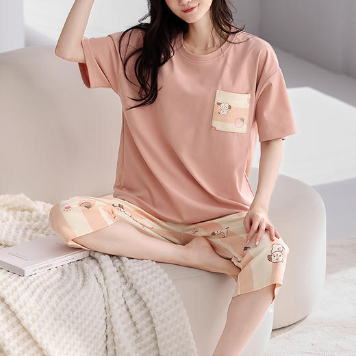 芬腾可外穿家居服睡衣女士夏季短袖透气两件套头套装大码舒适全棉 商品图0