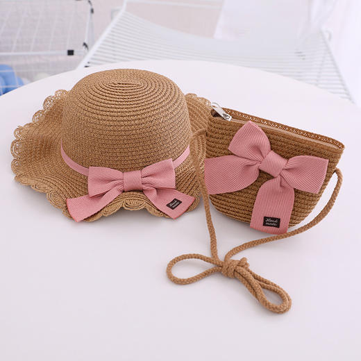 【轻松搭配各种服饰，必备夏日单品】小清新波浪边儿童草帽 夏天女孩出游 2-7岁女孩帽子 百搭沙滩帽遮阳帽帽子包包套装-QQ 商品图13