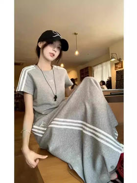 休闲运动套装女三条杠蝴蝶结短袖T恤夏季包臀半身长裙两件套6_ym