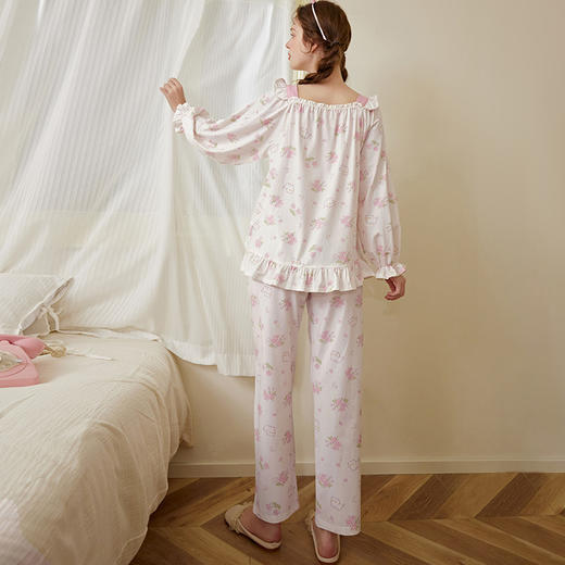 芬腾女士睡衣春秋季纯棉长袖方领套装女款宽松休闲大码全棉家居服 商品图3