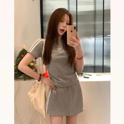 休闲运动套装女三条杠蝴蝶结短袖T恤夏季包臀半身短裙两件套_ym 商品图5